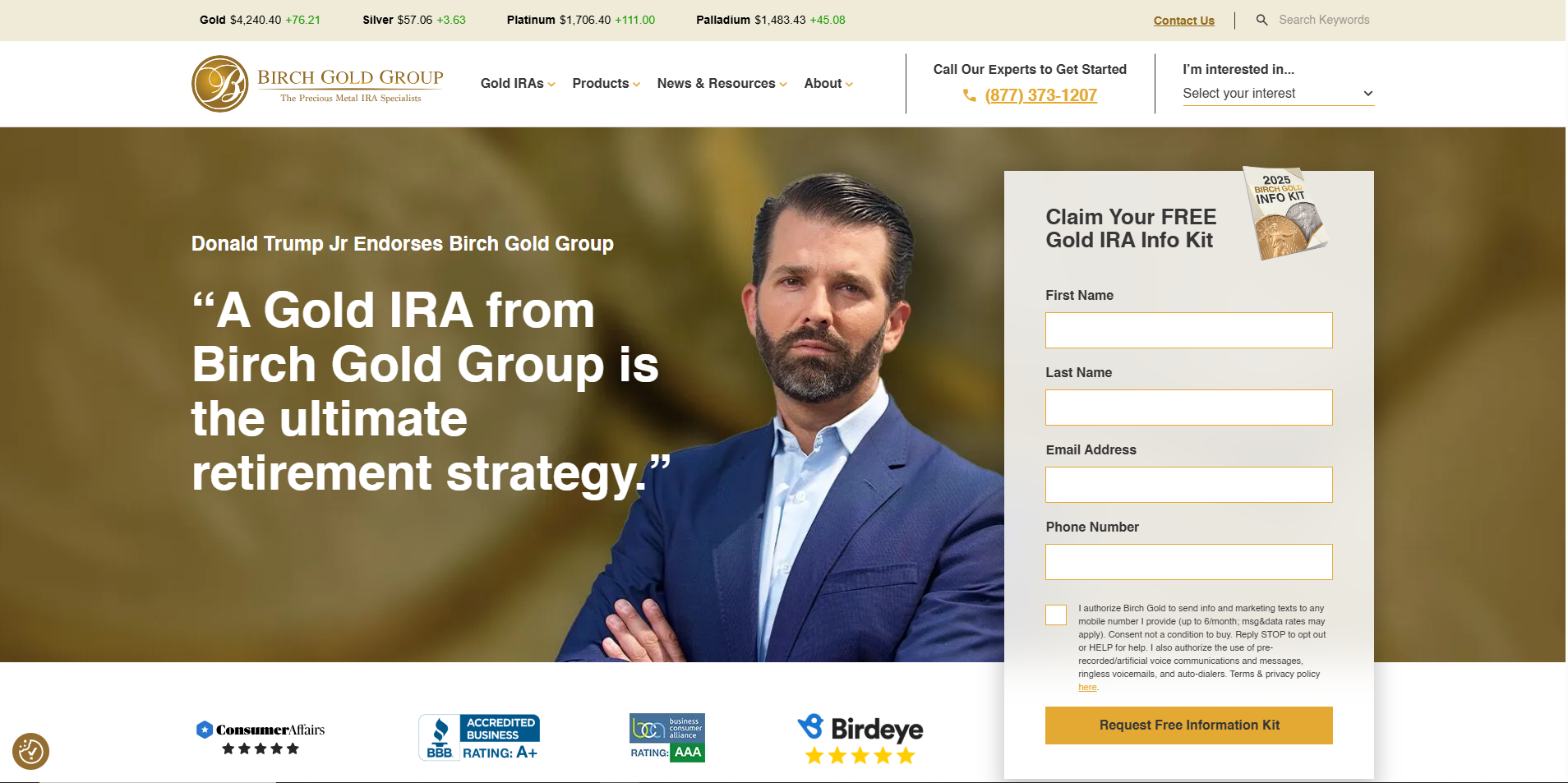 A screenshot of Birch Gold Group network for the Gold affiliate program