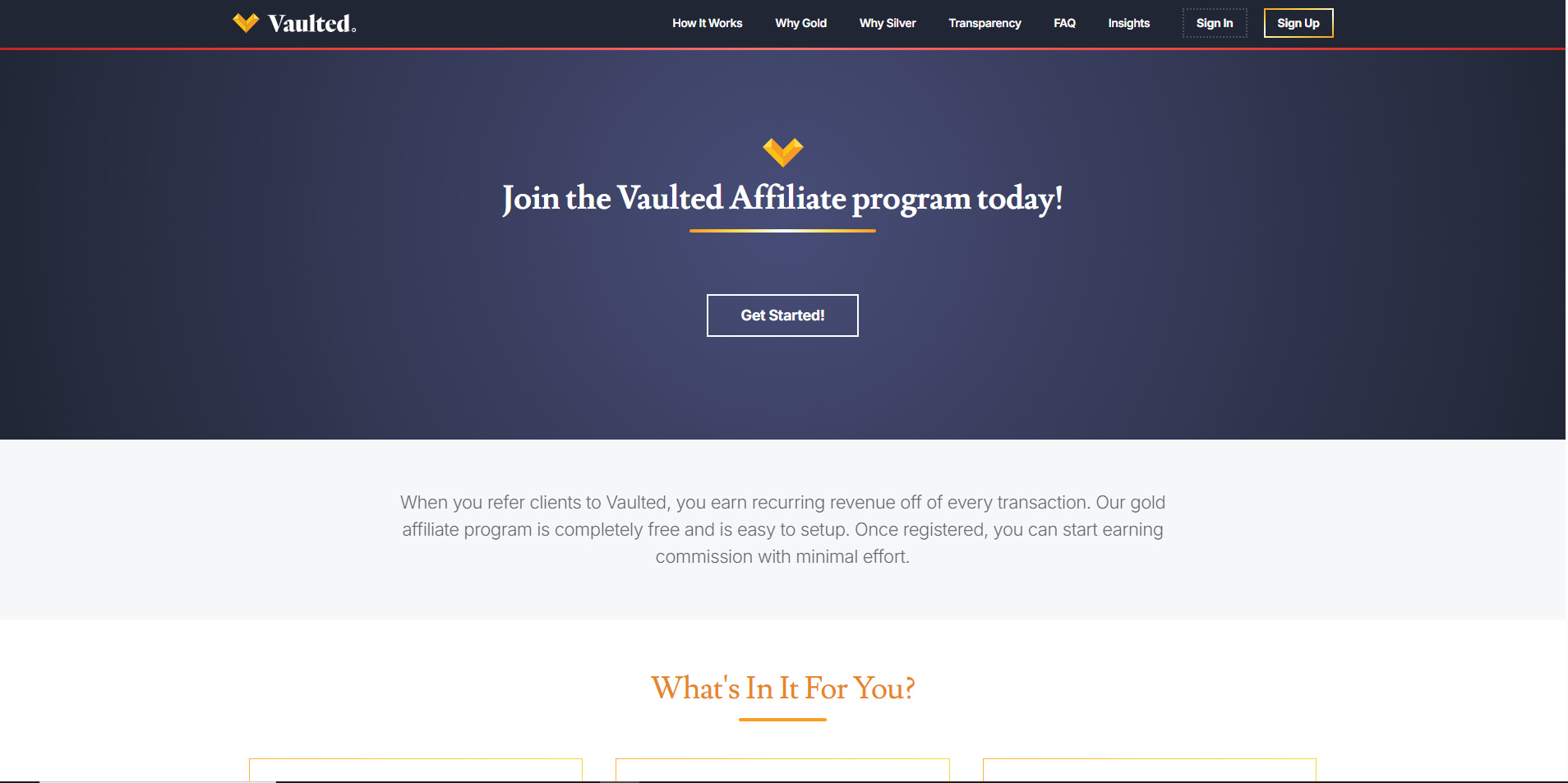 A screenshot of Vaulted networks for the Gold affiliate program